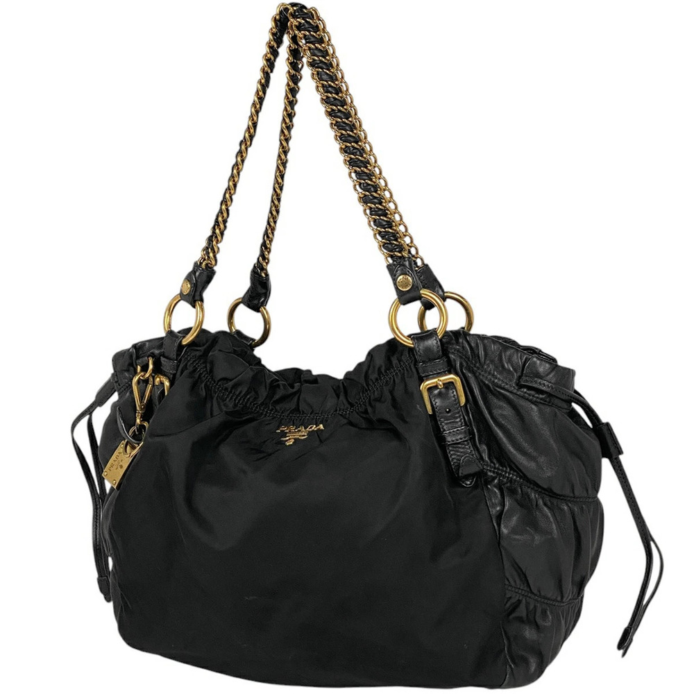 Prada Logo Chain Shoulder Bag Nappa Leather Gathered Nero Black - Picture 1 of 6